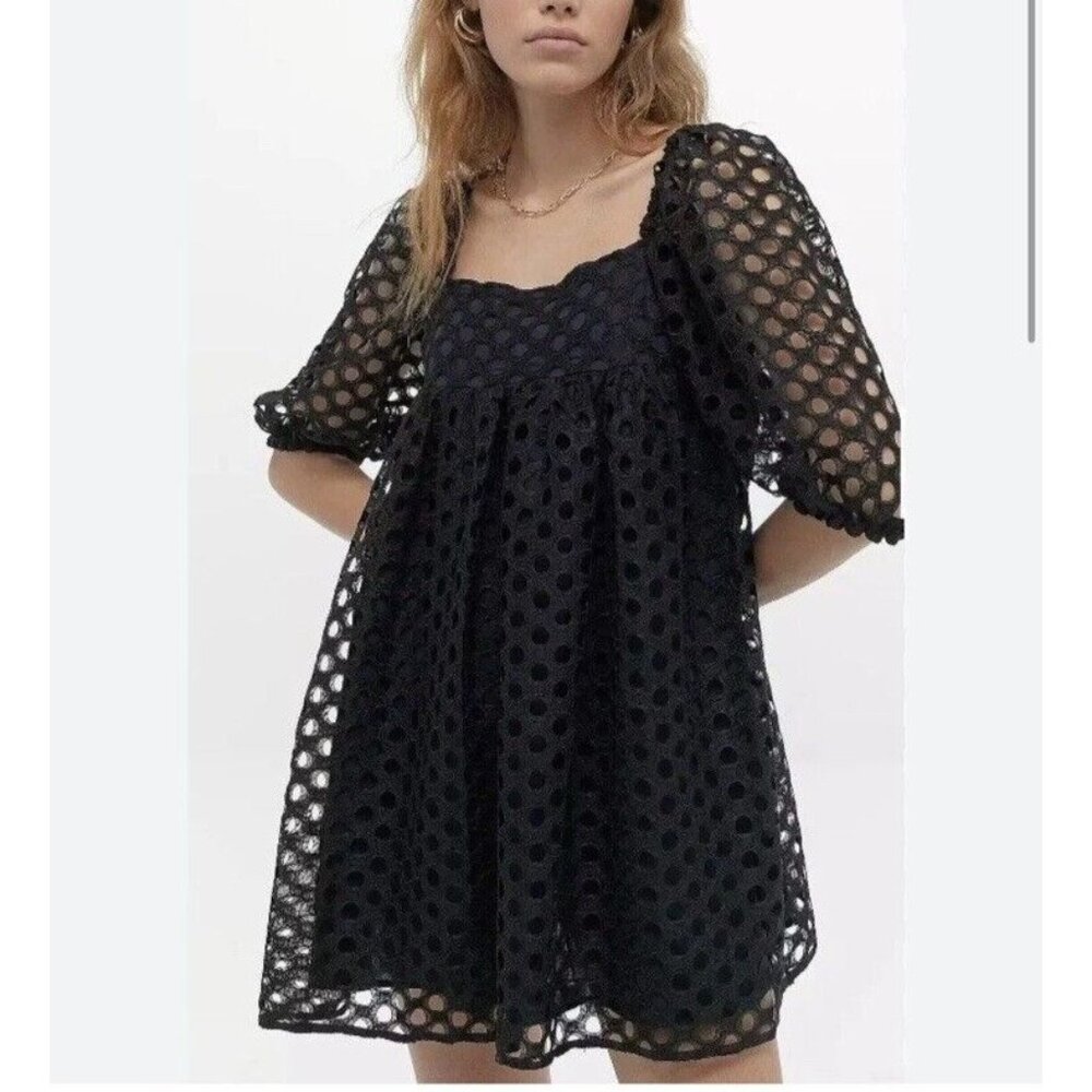 Kimchi Blue Moe Dot Lace Babydoll Dress Medium Black Blue Coquette Milkmaid LBD
